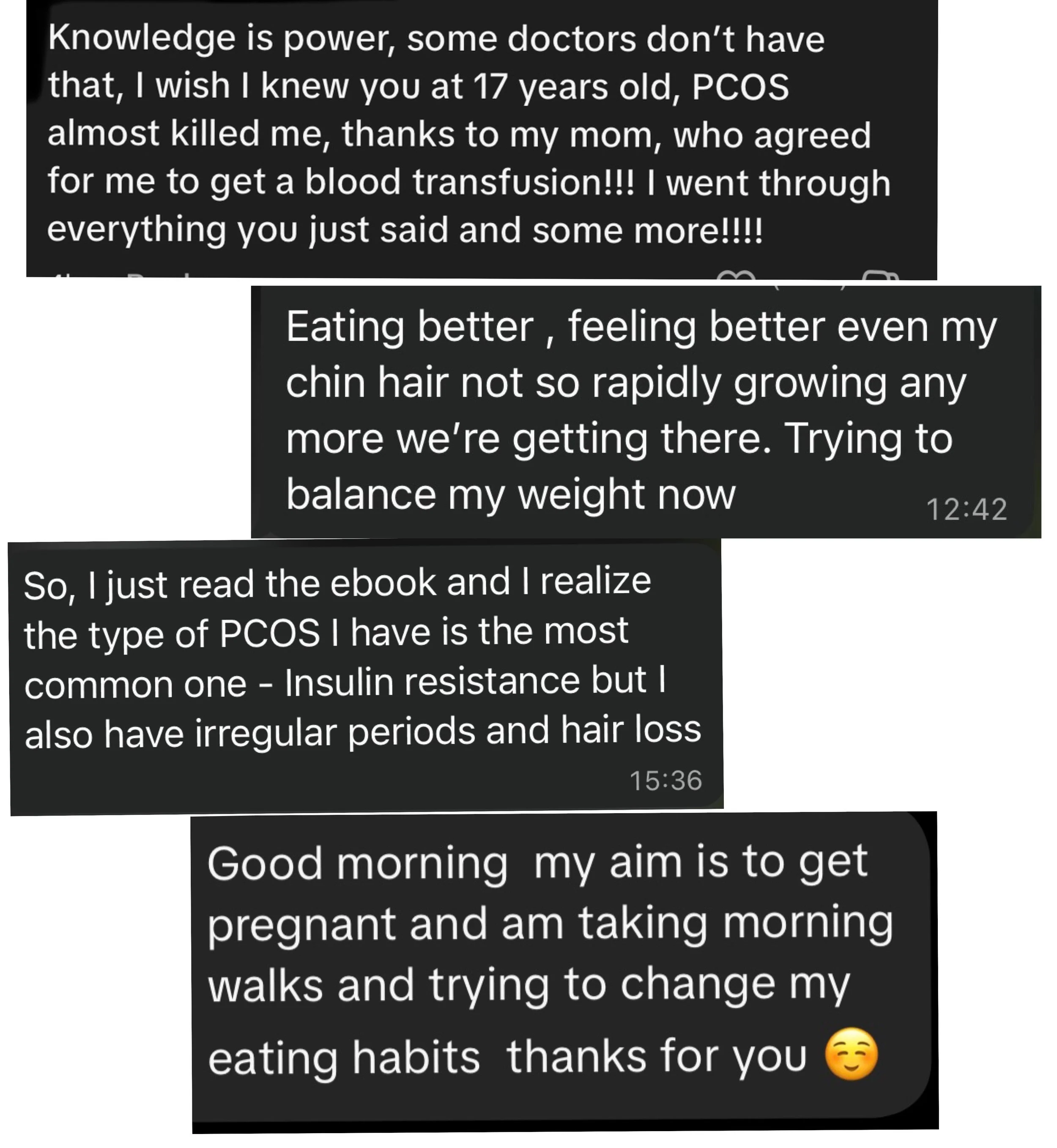 Collection of text messages or comments discussing health, PCOS diagnosis, diabetes, hair loss, pregnancy plans, and lifestyle changes.