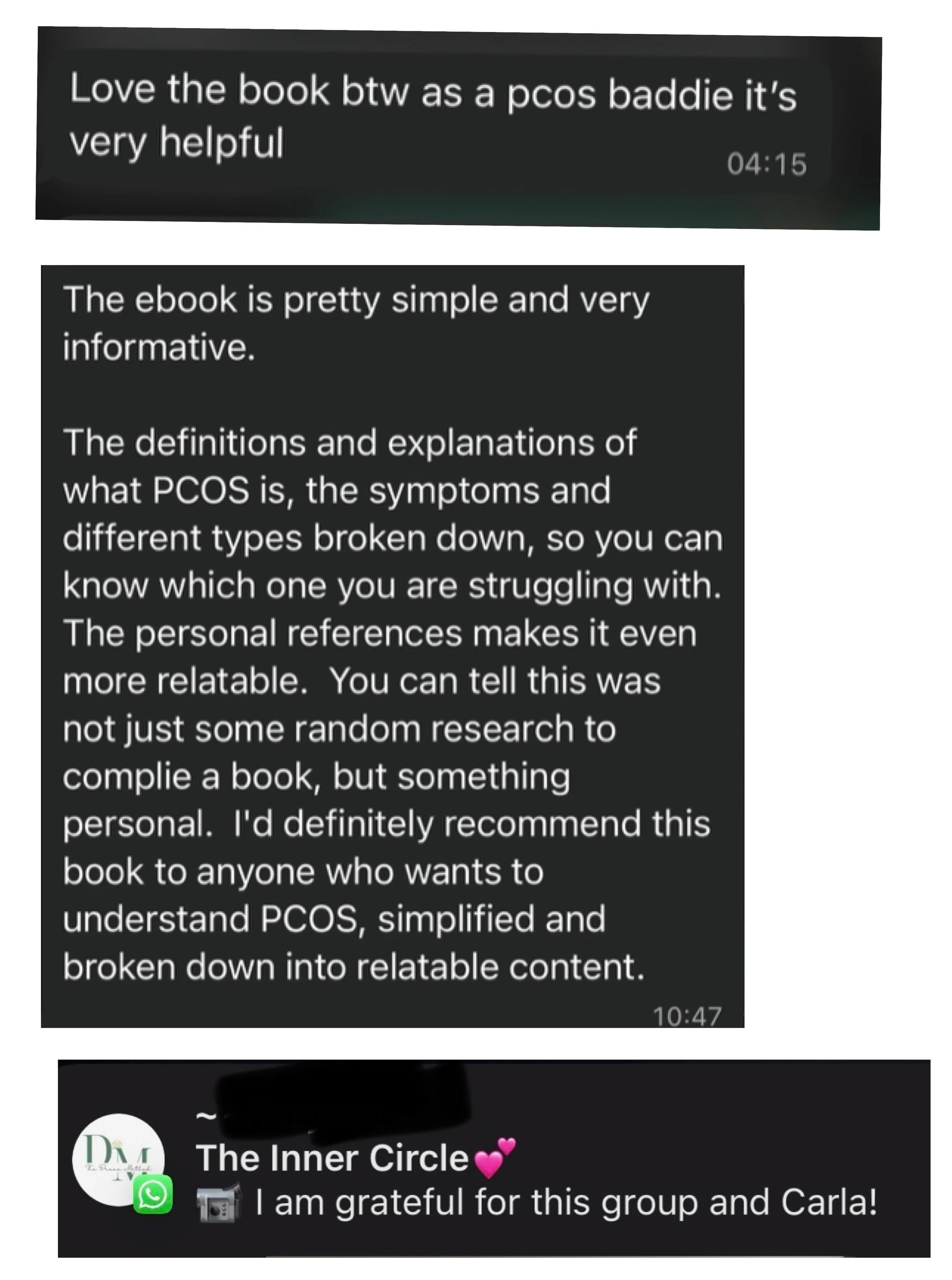 Screenshot of a mobile chat conversation discussing a book about PCOS, mentioning the helpfulness and simplicity of the ebook, and gratitude expressed to Carla in a group chat.