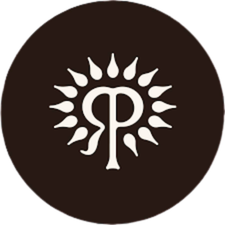 A circular logo with a white stylized sun design and a white letter 'P' in the center against a dark background.