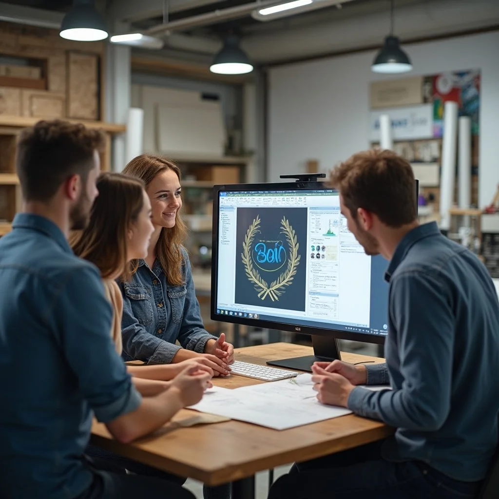 Four young adults sit around a wooden table in a well-lit workshop or studio, discussing a design displayed on a computer screen. The design features a circular wreath with the word "Bold" inside it.
