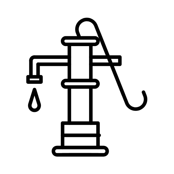 Schéma d'une pompe à eau ancienne avec une goutte d'eau indiquée.