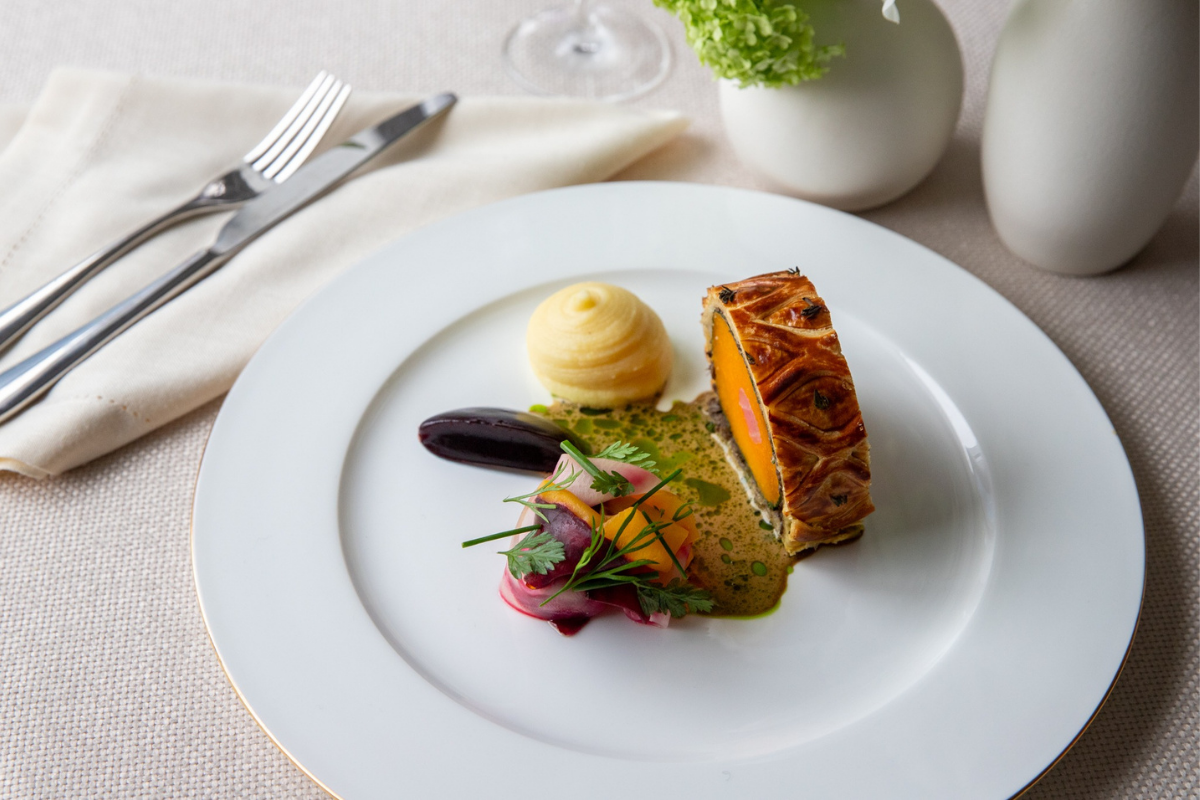 Summer squash and candy beetroot starter, neatly plated starter.