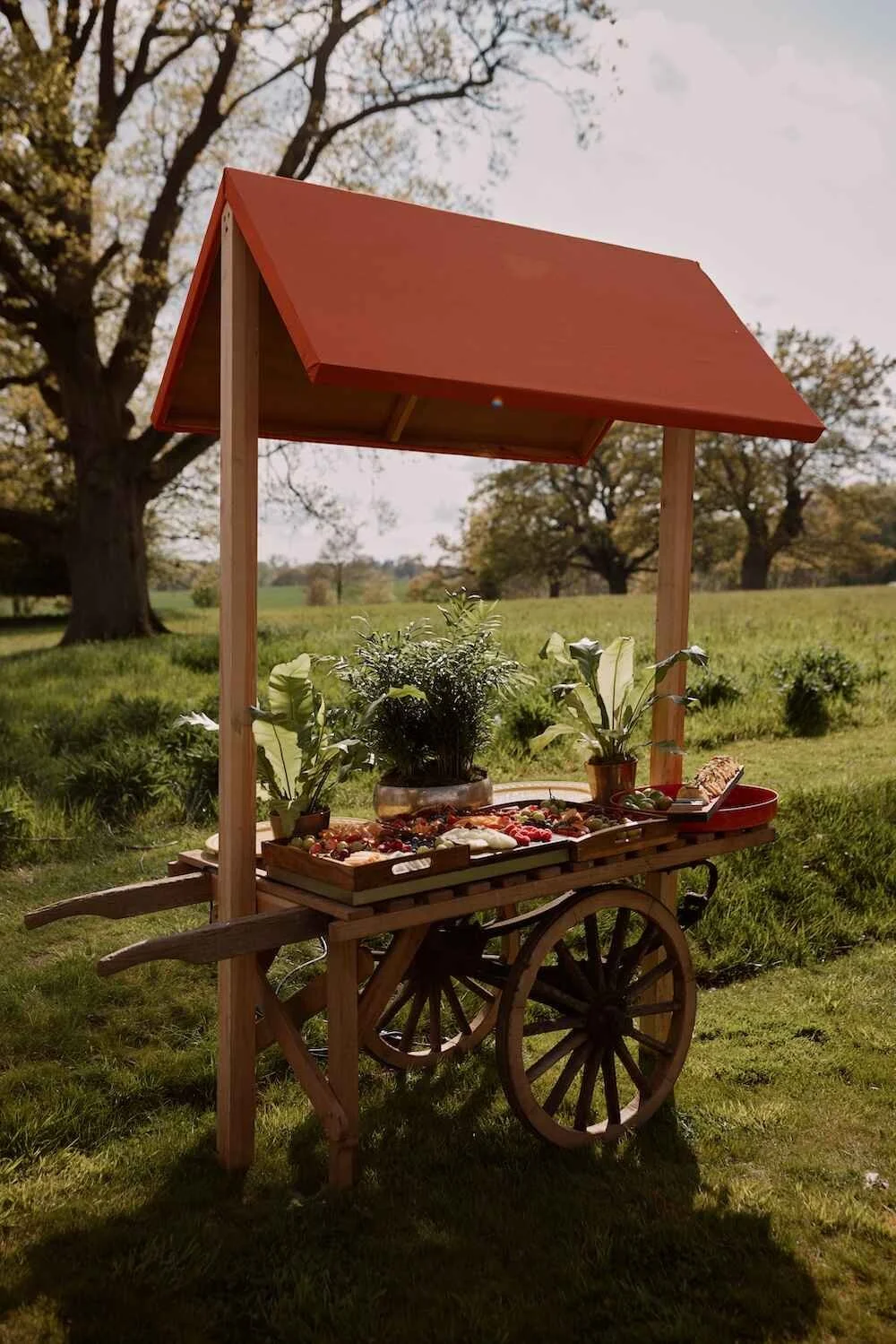 A wooden cart resembling a small food stand with a red roof, set in a grassy outdoor area with trees in the background, filled with potted plants and various fresh fruits and vegetables.