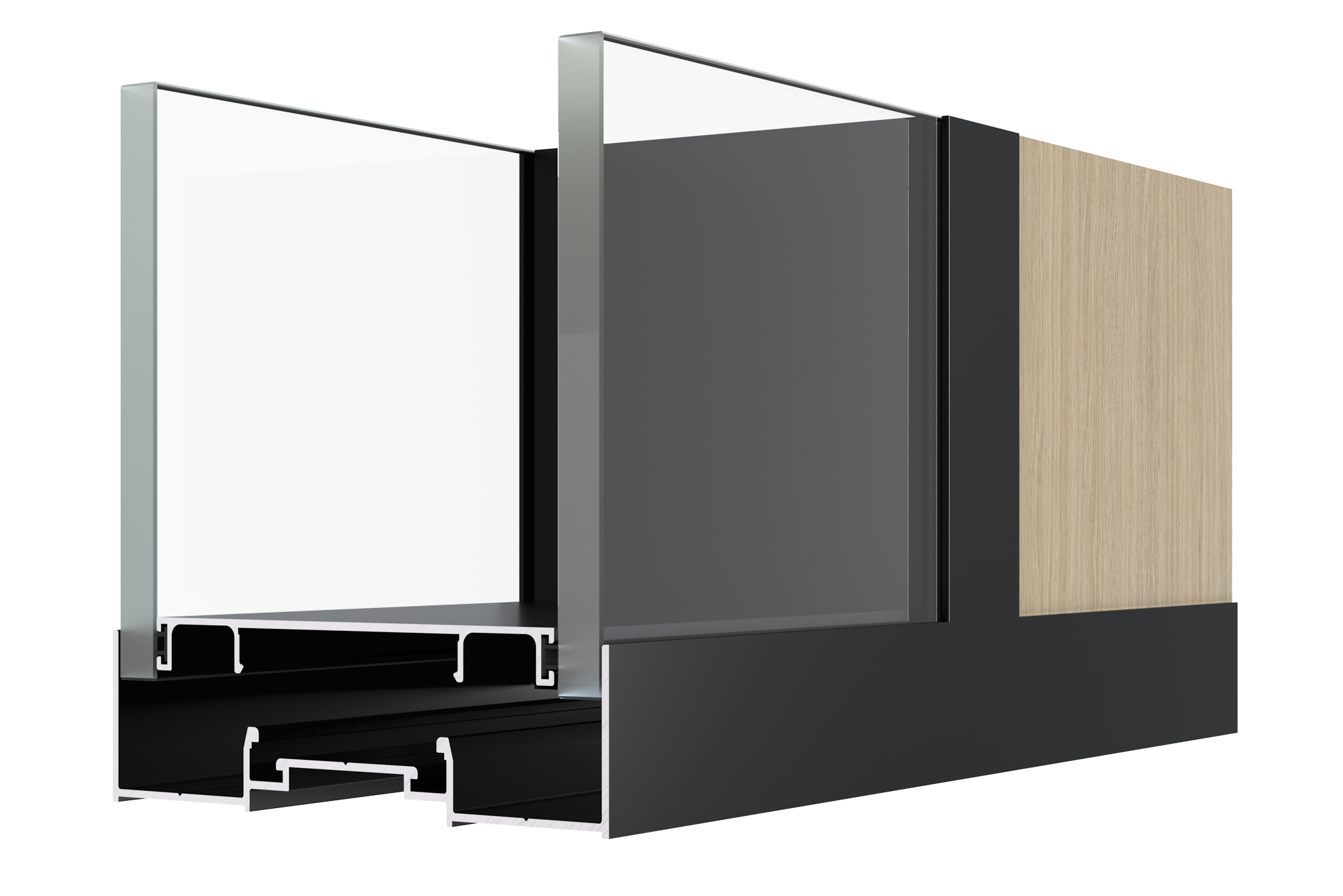 Cross-section of a modern aluminum window frame with glass panels, black and wooden finish.