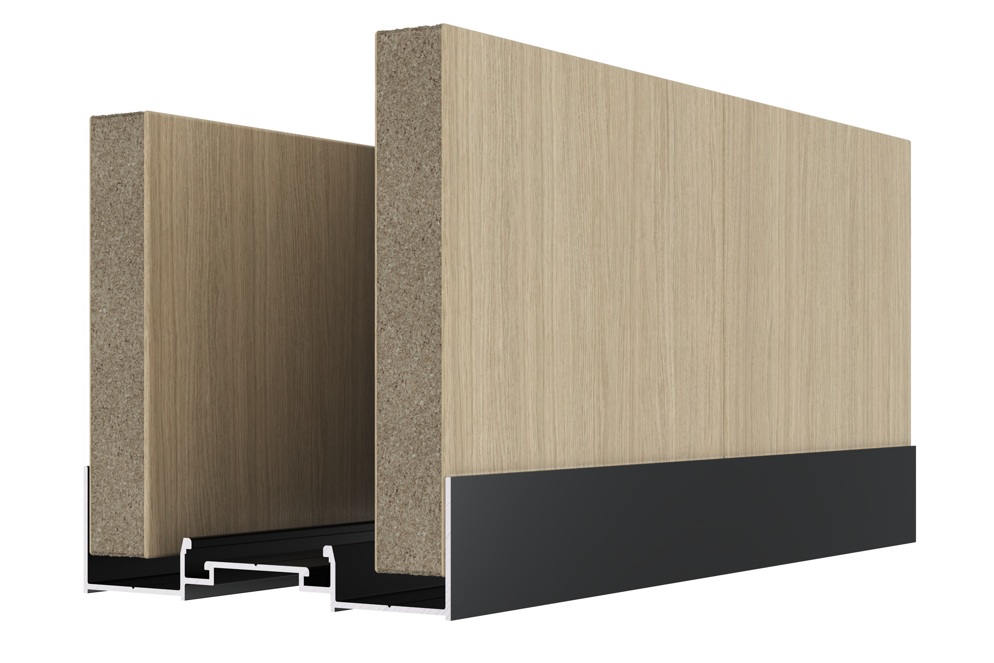 Cross-section of a modern building wall showing layers of wood, insulation, and exterior cladding.