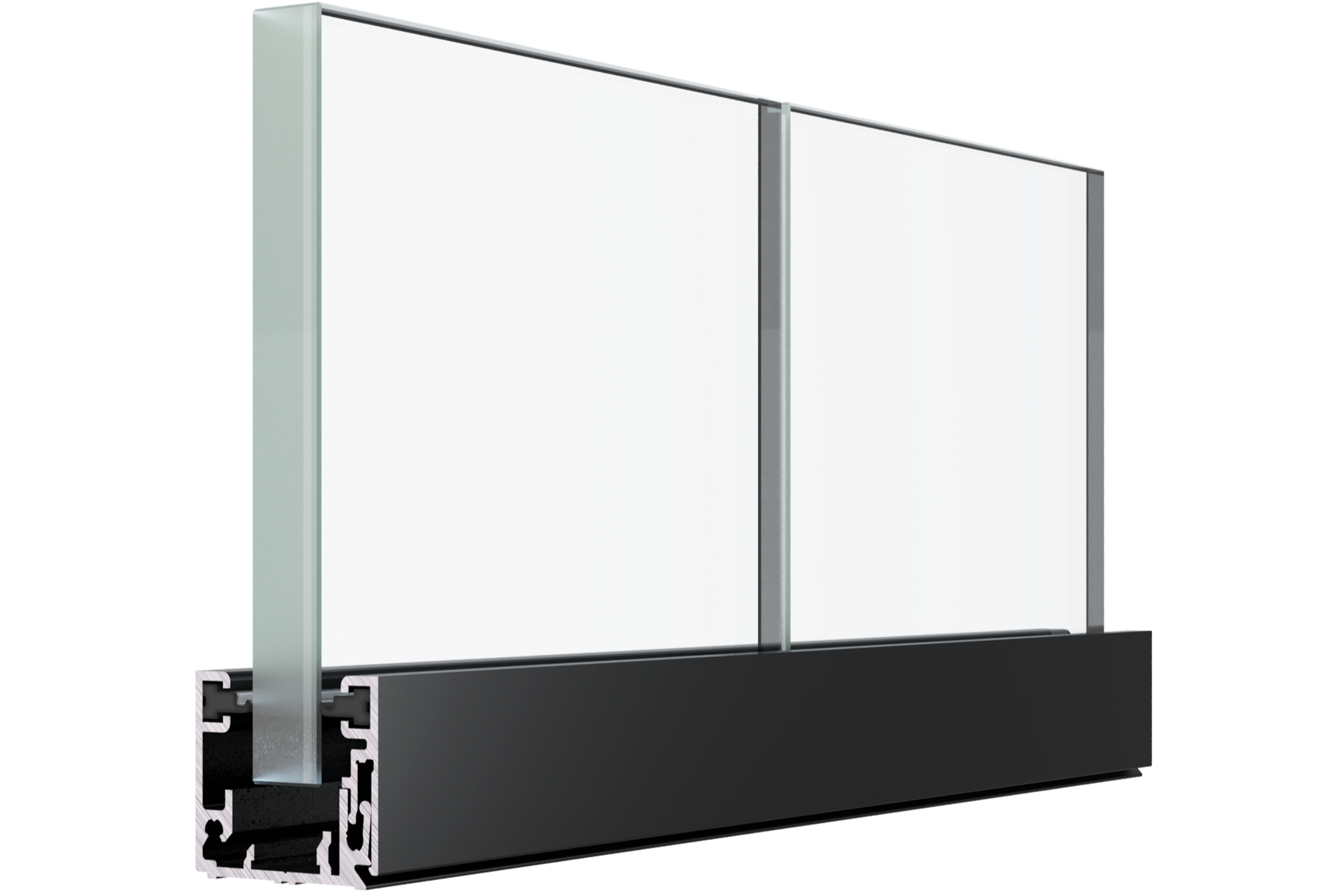 Cross-section of a modern sliding glass door with aluminum frame and black base.