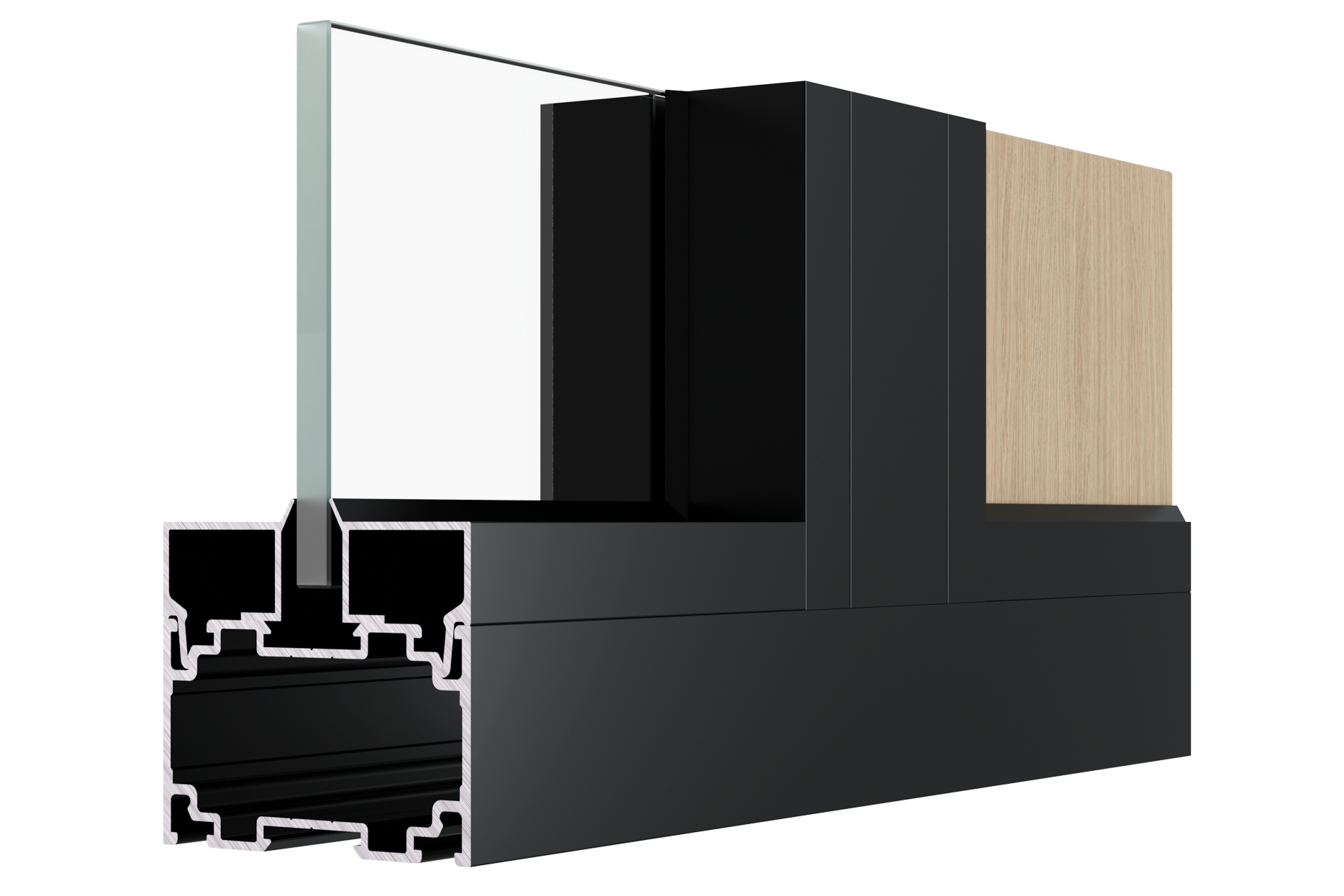 Cross-section of a modern window frame showing black, white, and wooden materials.