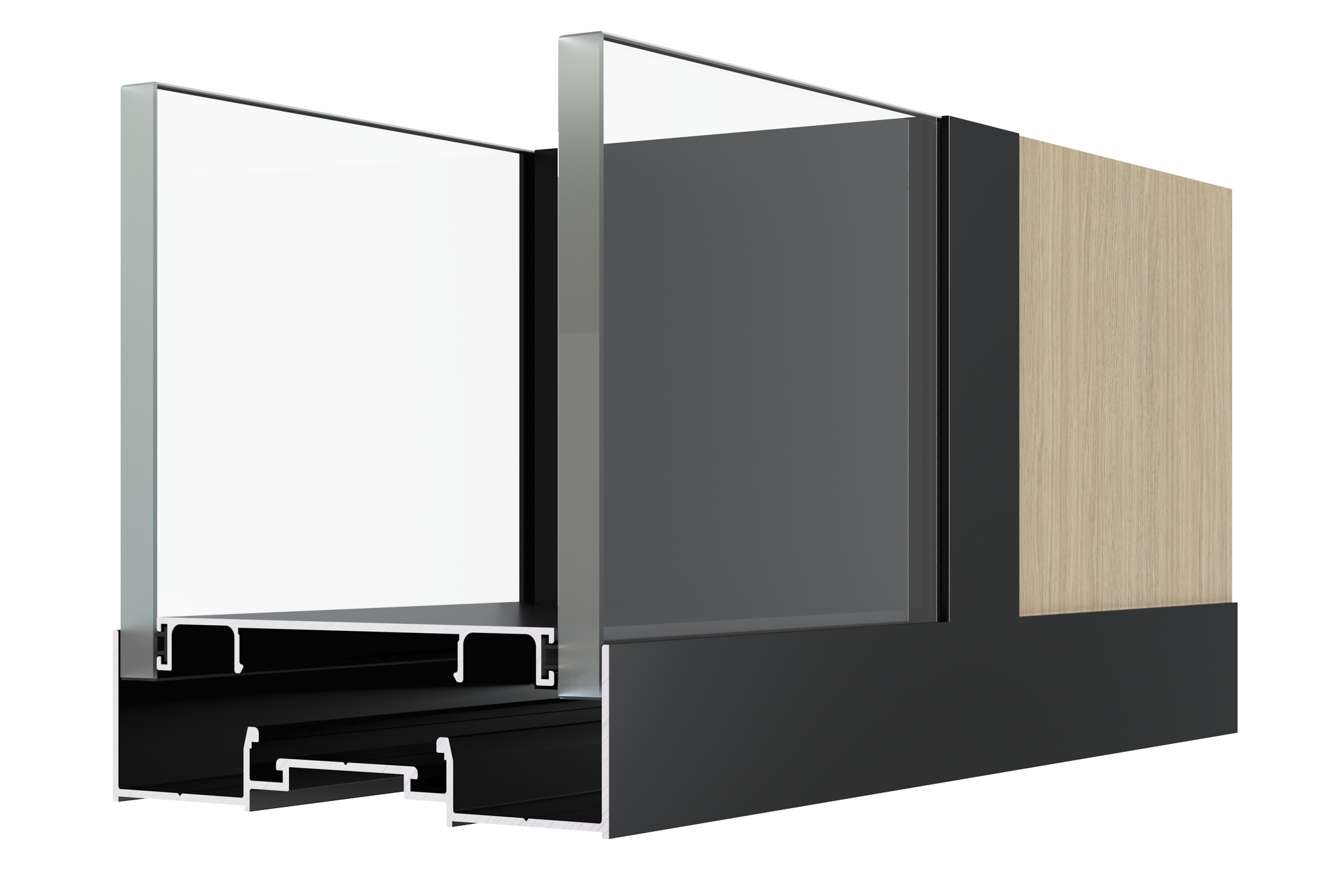 Cross-section of a modern, minimalist exterior wall with metal framing, glass, black metal panels, and a wooden accent panel.