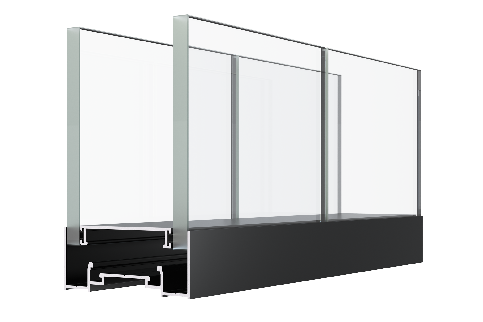 A Modern frameless glass shower enclosure with black base and metal supports.