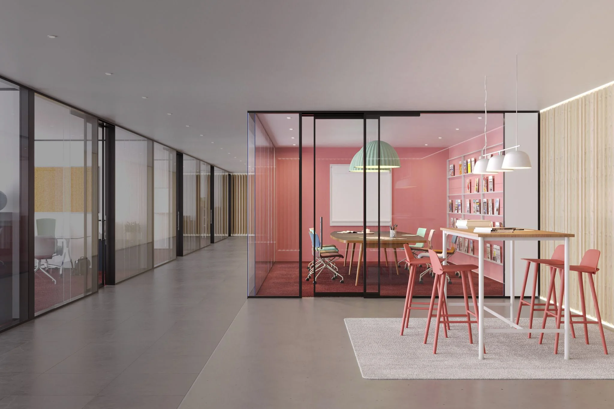 Modern office corridor with glass-walled conference room on the right, pink wall inside the conference room with a round table and chairs, bookshelves and desk with chairs in the background, hardwood and metal furniture, and ambient lighting.