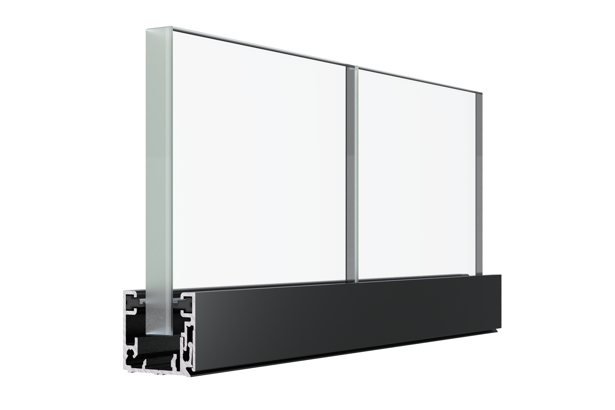 Close-up of a modern glass railing with aluminum frame and black base, used as a safety barrier in architectural design.