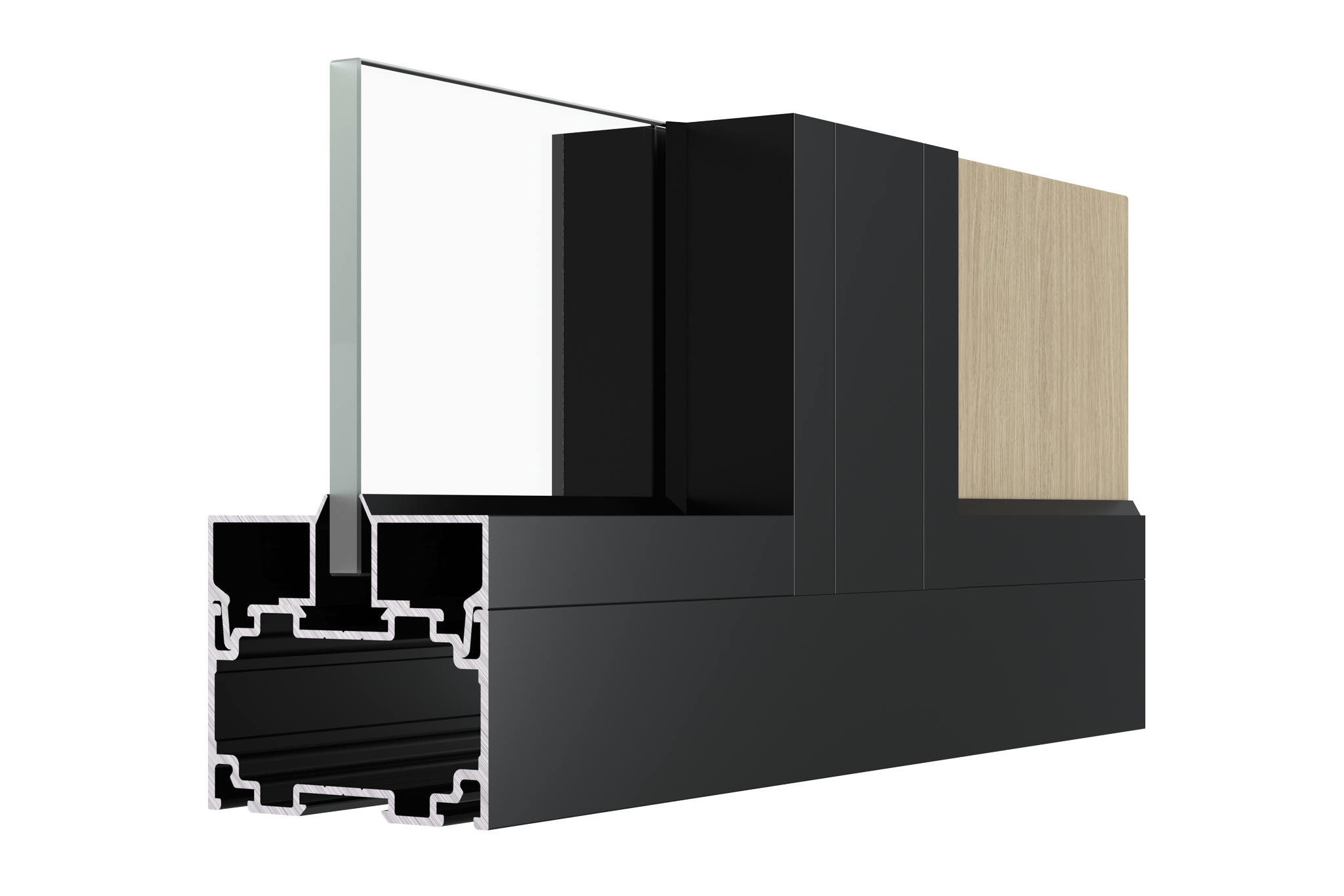 Cross-section of a modern window frame showing black aluminum exterior, white interior, glass pane, and wood panel in the center.