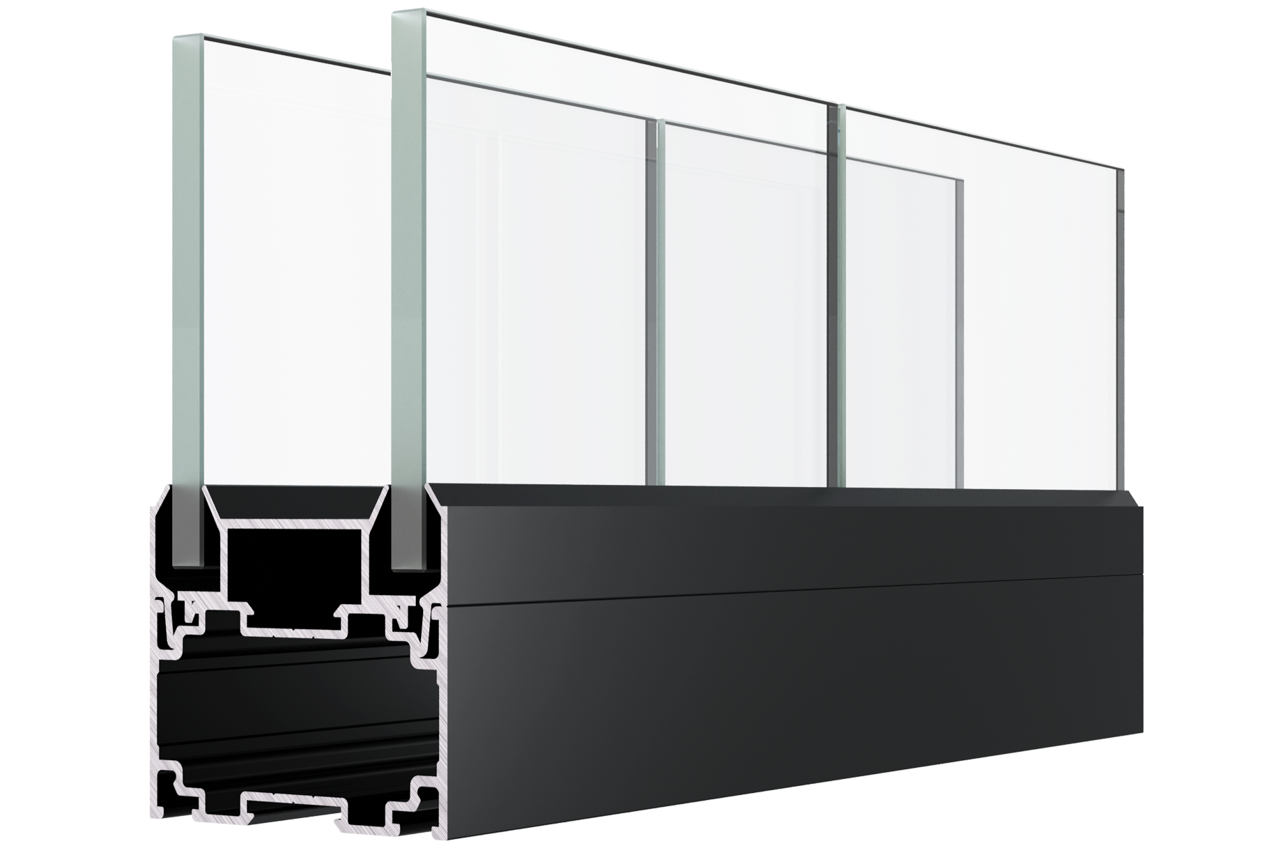 Cross-section of a modern aluminum and glass window frame with insulated glazing and black base
