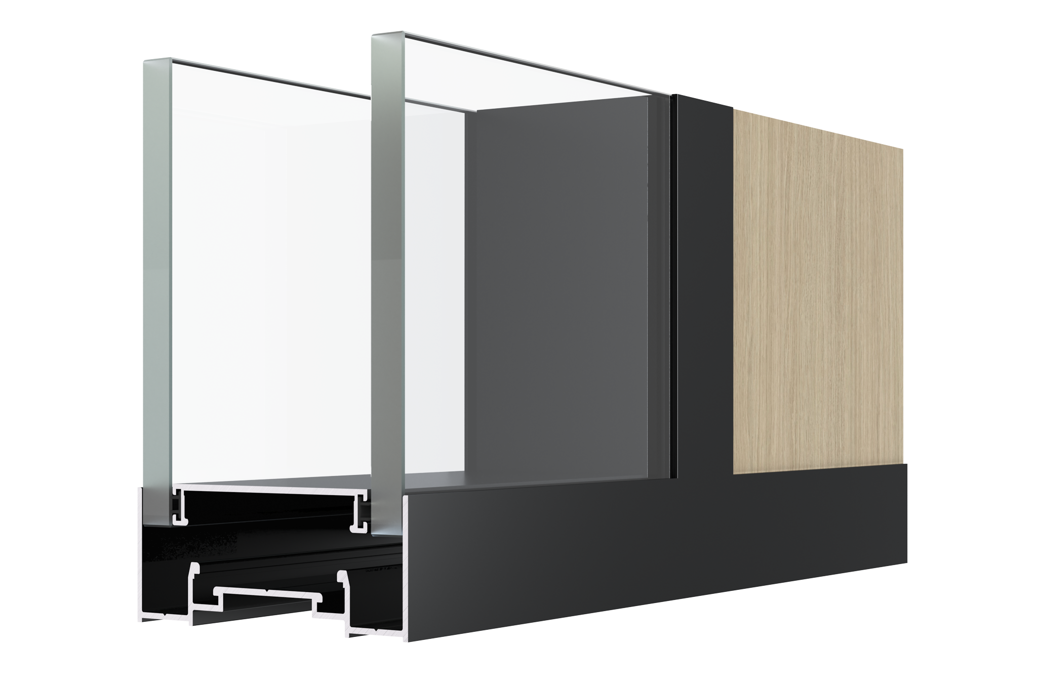 Cross-section of a modern window frame with glass panes, gray interior, wood panel, and black base.