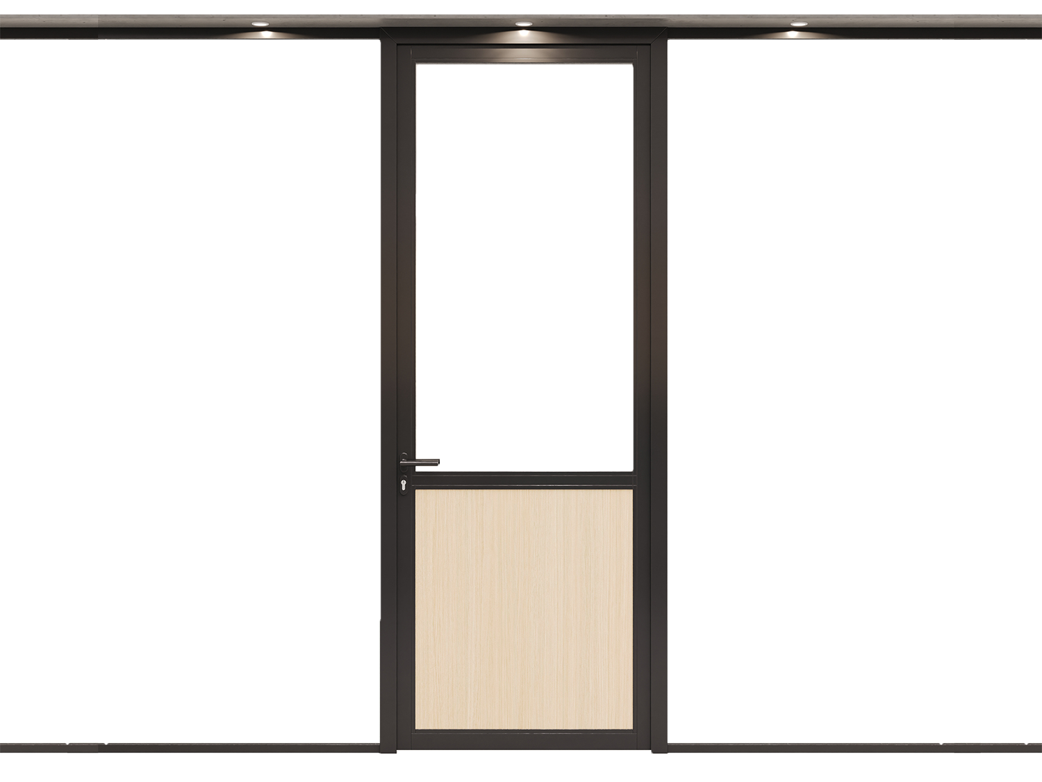 Glass office door with beige central panel, black frame, and handle, separating an office space with green carpet and potted plants.