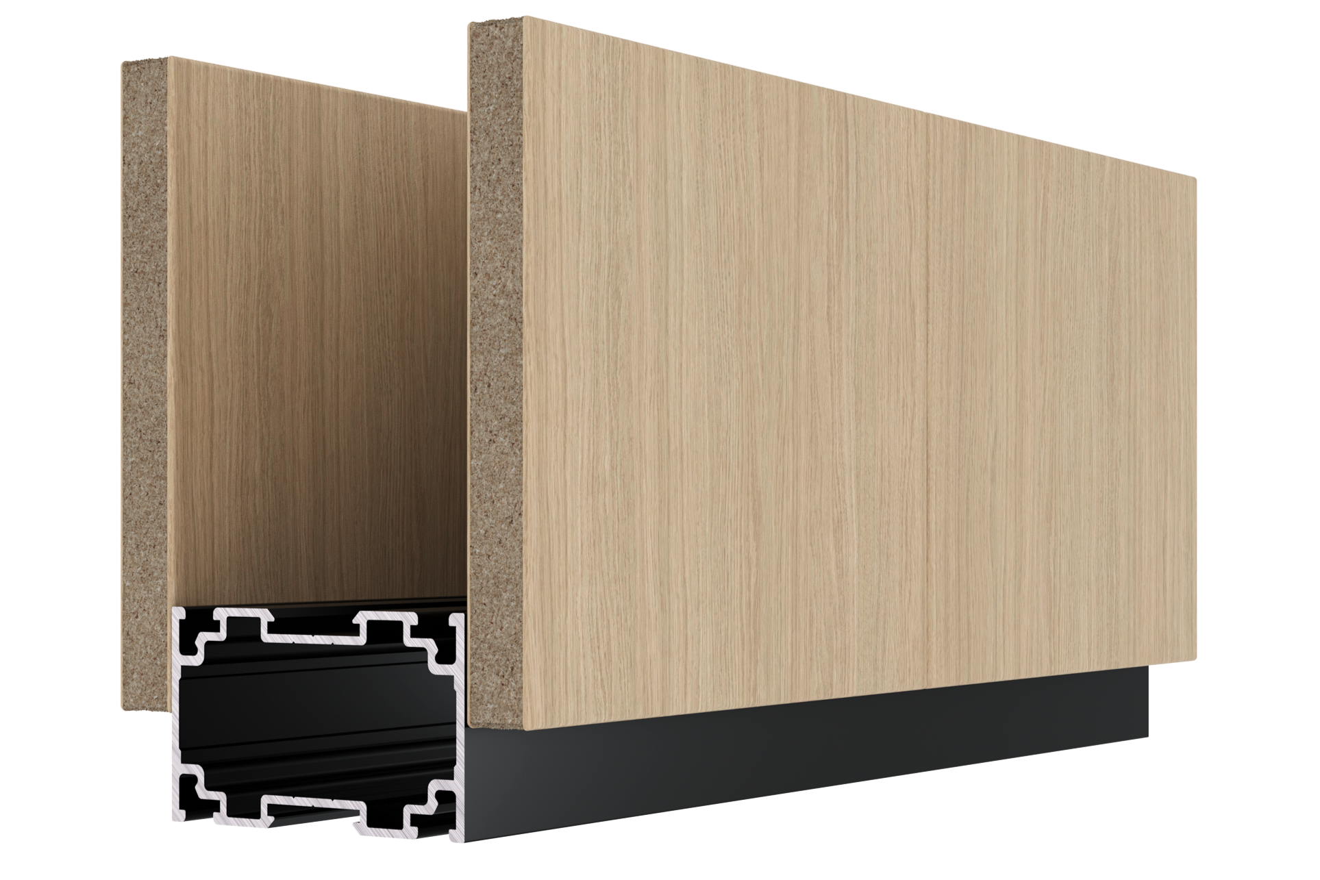 Cross-section of a wooden door with layered materials including wood, insulation, and a metal frame.