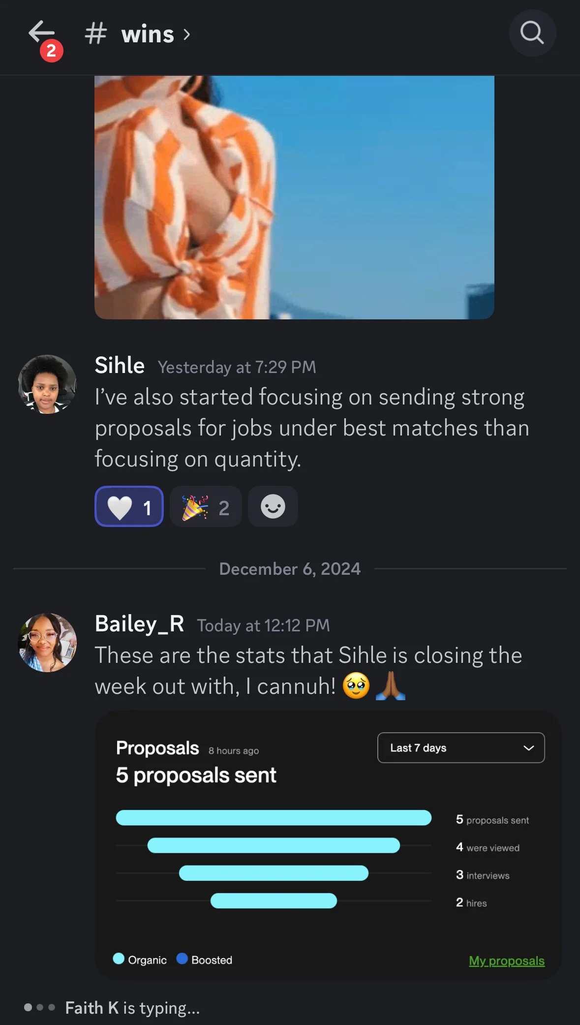 A social media or chat platform display showing a profile photo of a woman in sunglasses and a screenshot of a proposal analytics dashboard with statistics about sent proposals, views, interviews, and hires.