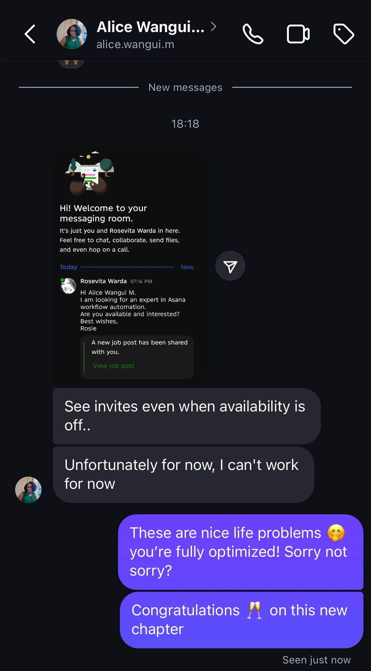 Screenshot of a messaging app chat with Alice Wangui. The chat shows a welcome message from the app, a message from Rosevita Warda inquiring about a workflow automation job, and the user’s responses about being unable to work currently. The user also sends a congratulatory message for a new chapter.