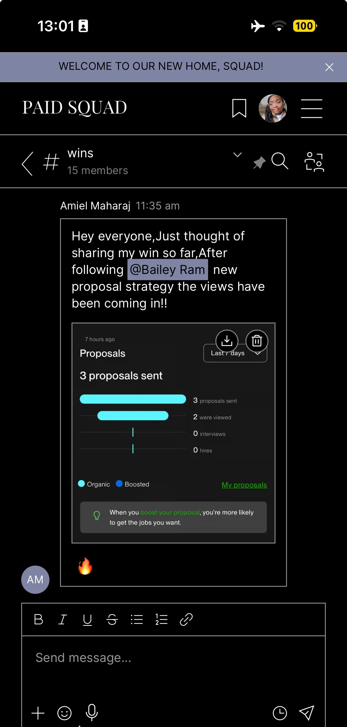 Screenshot of a mobile app with a message about sharing a winning proposal, showing proposal statistics and options to boost proposals, with a profile picture, navigation icons, and message input field.