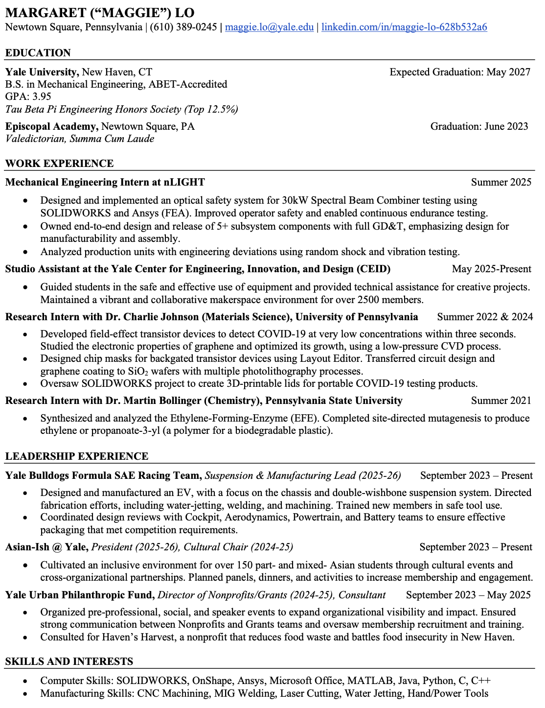 A resume for Margaret 'Maggie' Lo listing education, work experience, leadership, skills, and interests.