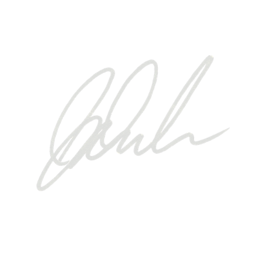 White signature on a black background.