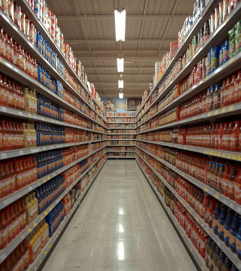 A grocery store aisle stretching into the distance, flanked floor-to-ceiling by shelves densely packed with hundreds of packaged food products