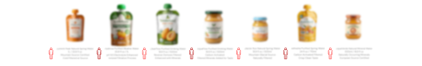 A row of blurred baby food pouches and jars with blurred contamination indicator icons and safety information displayed below each product
