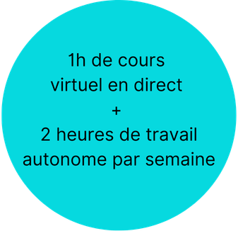 Blue circle with text promoting a virtual live class and independent work each week.
