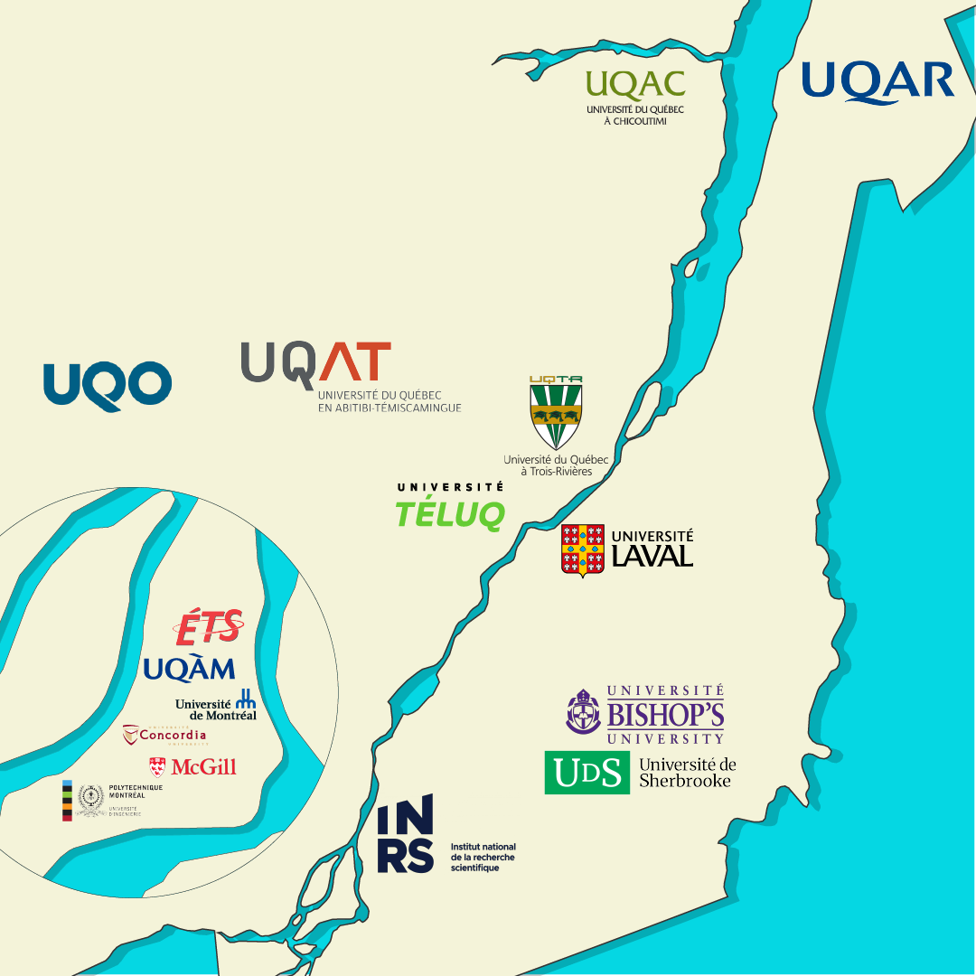 Map of Quebec showing locations of various universities, including UQAC, UQAR, TÉLUQ, LAVAL, BISHOP'S, UdeS, INRS, and multiple institutions within Montreal.