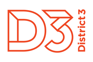 Logo with large red 'D3' and the words 'District 3' in red on a black background.