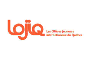 Logo for LOJIQ, Les Offices jeunesse internacionales du Québec, with red text on a white background.