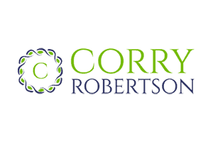 Logo with a circular design and the words 'Corry Robertson' in green and blue text.