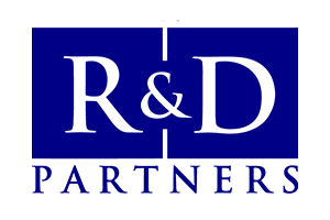 R&D Partners logo with blue background and white text