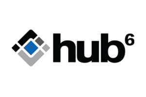 Logo of hub6 with a geometric diamond shape and the text 'hub6' on a black background.