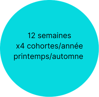 Light blue circle with black text describing 12 weeks, 4 cohorts per year, spring and fall.