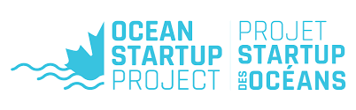 Logo for Ocean Startup Project and Projet Startup des Océans with blue text and wave graphics