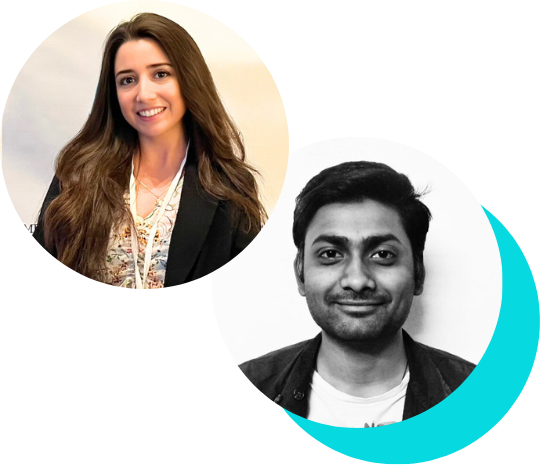 Photograph of a smiling woman with long brown hair and a man with short black hair, both in professional attire, with colorful circular background elements.