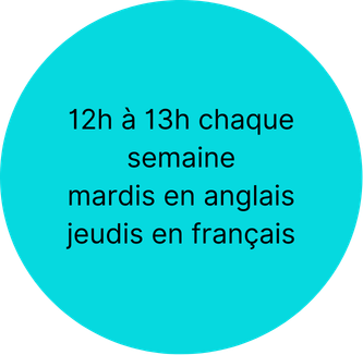 Blue circle with text in French and English about weekly language classes.