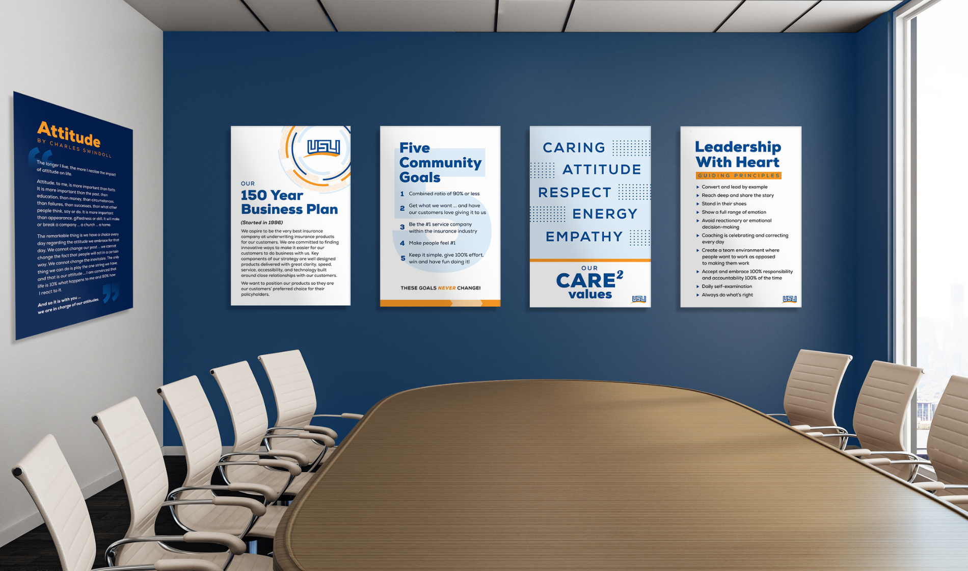 A conference room with a large oval wooden table and beige chairs. The wall has five informational posters with blue, white, and orange colors, listing company values and goals.