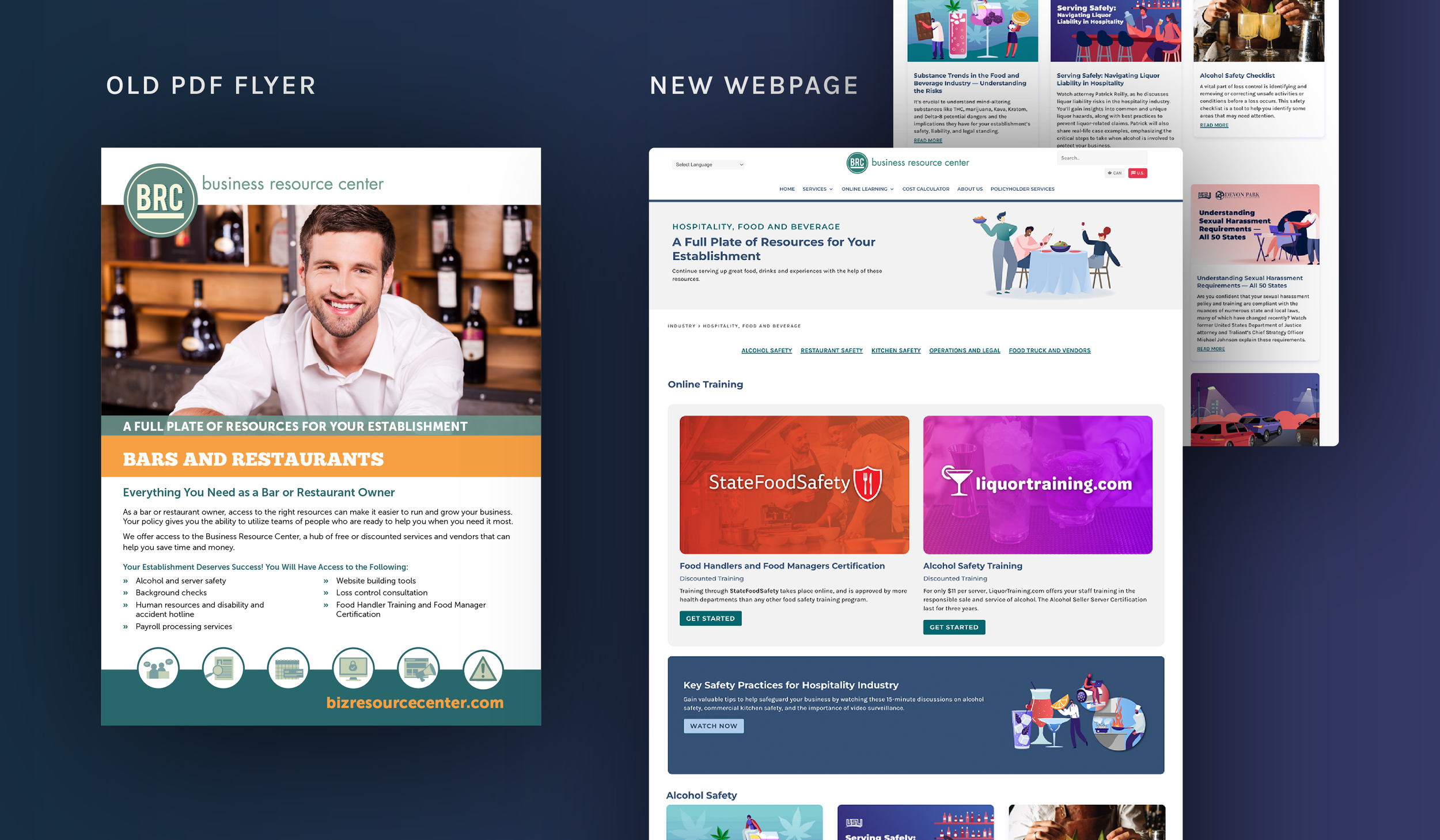 Comparison showing old PDF flyer next to updated webpage layout for restaurant resource content.