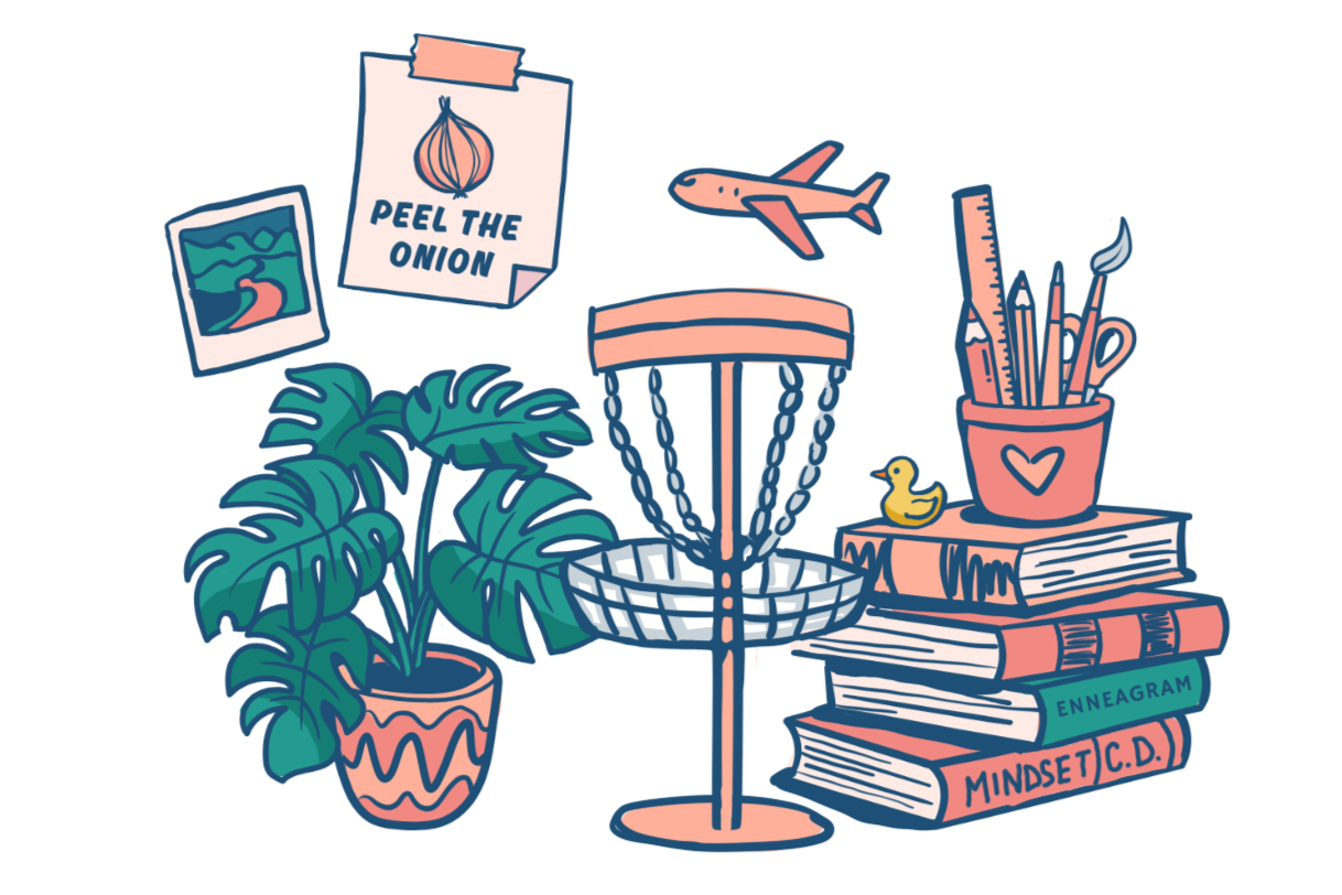 Illustrated scene featuring a houseplant beside a disc golf basket, books stacked with titles like “Enneagram” and “Mindset,” a cup holding pens and brushes, a rubber duck, a small airplane, and taped notes including one that reads “Peel the Onion.”