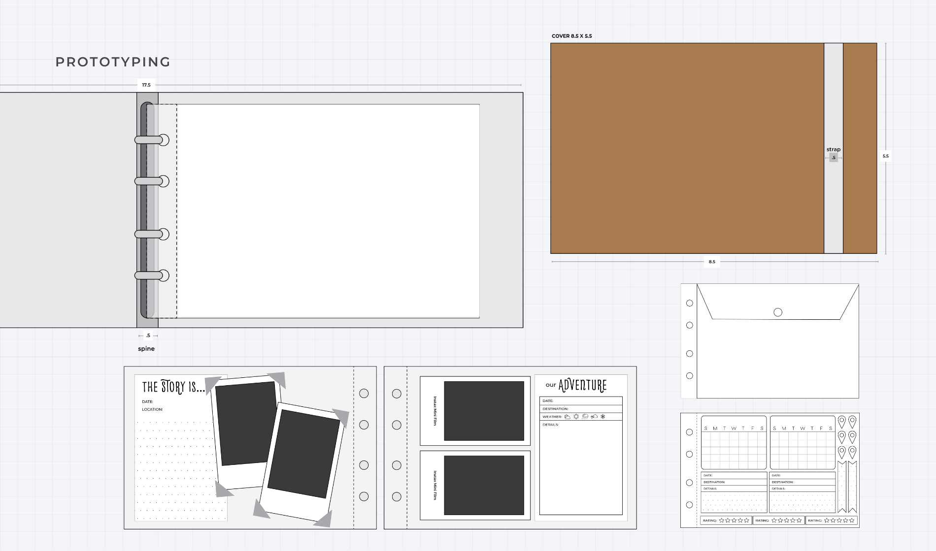 Prototype layouts for Capture Journal binder, cover, inserts, envelope pocket, and photo page designs.