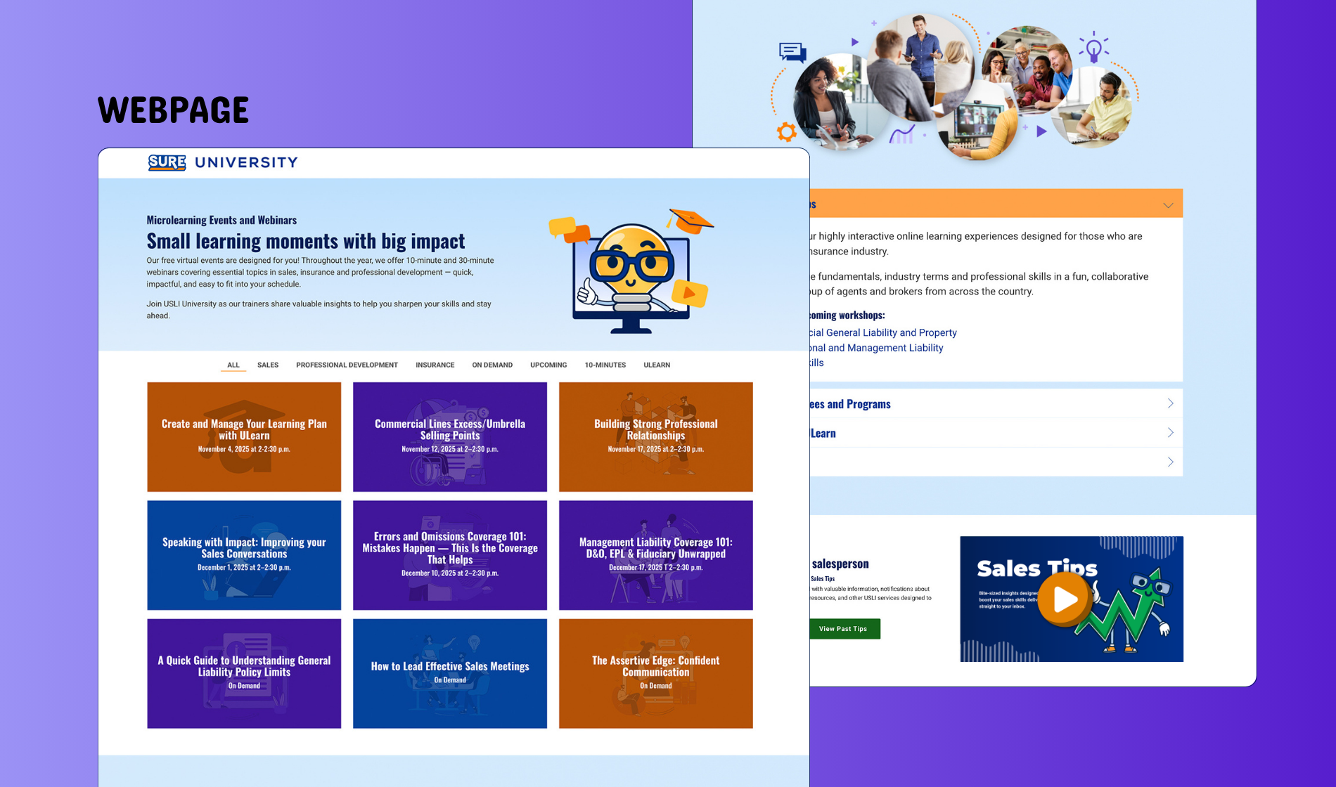 website page that shows all of the available webinars