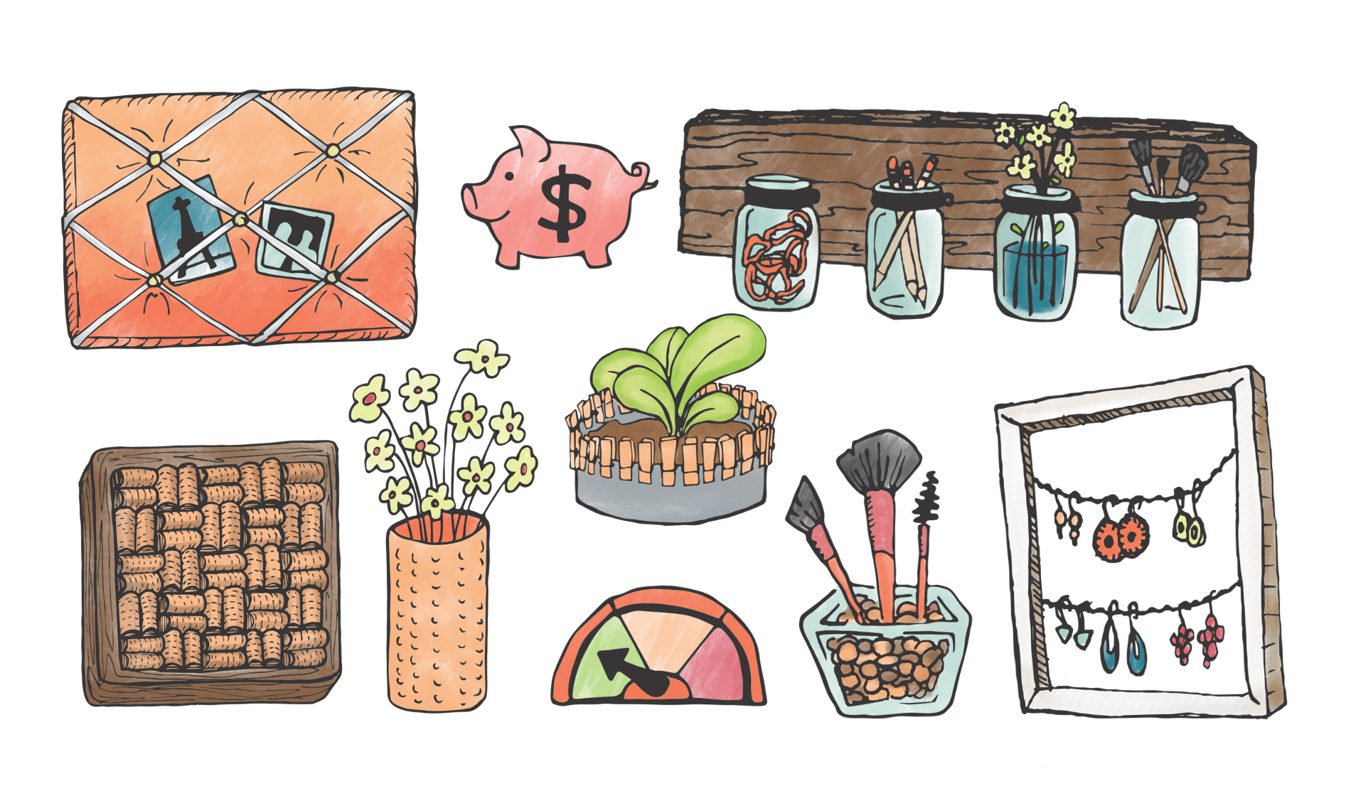 Hand-drawn illustrations of the book projects including piggy bank, jars, plant crafts, cork board, and earring frame display.