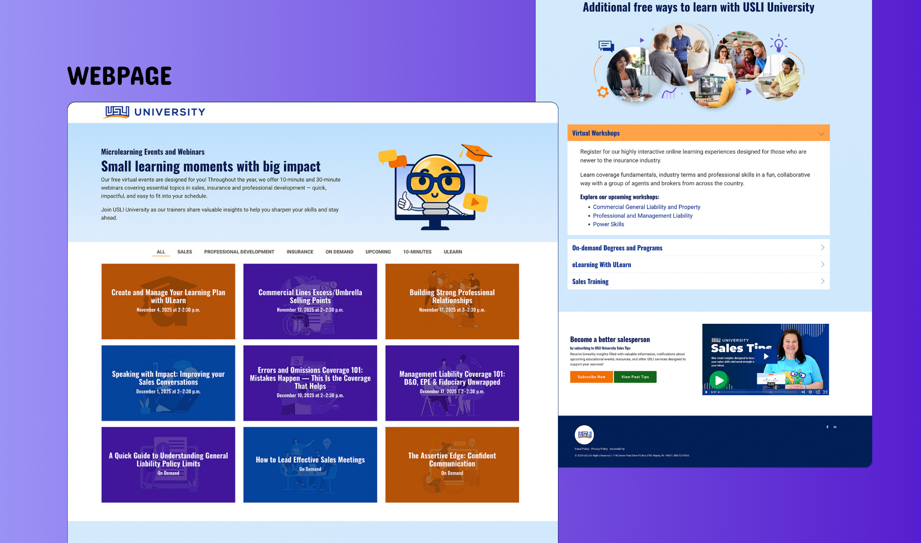 Webpage interface design for USLI University Microlearning listing training sessions by category with large colored event tiles, course dates, workshop details, and additional learning resource links.