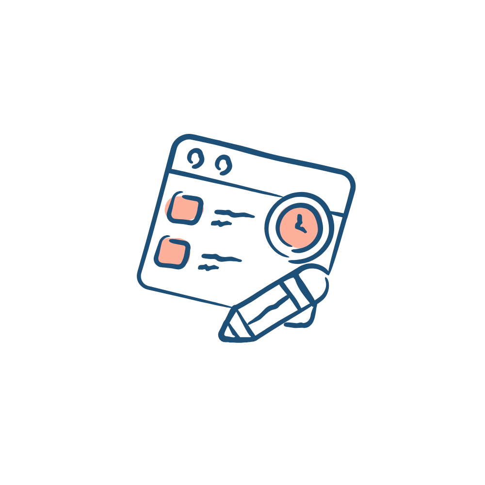 Hand-drawn project management icon with webpage, task list, clock symbol, and pencil.