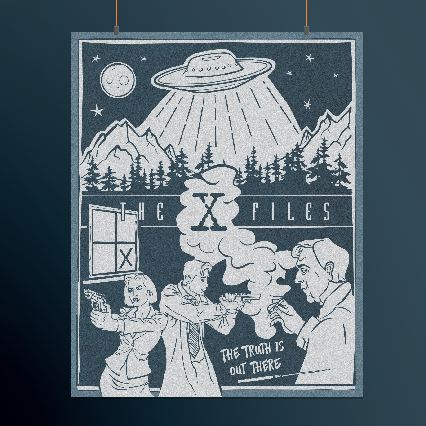Monochrome illustrated poster of The X-Files featuring Mulder and Scully with drawn guns, a smoking man, UFO beaming over mountains and trees, retro comic style with “The Truth Is Out There.”