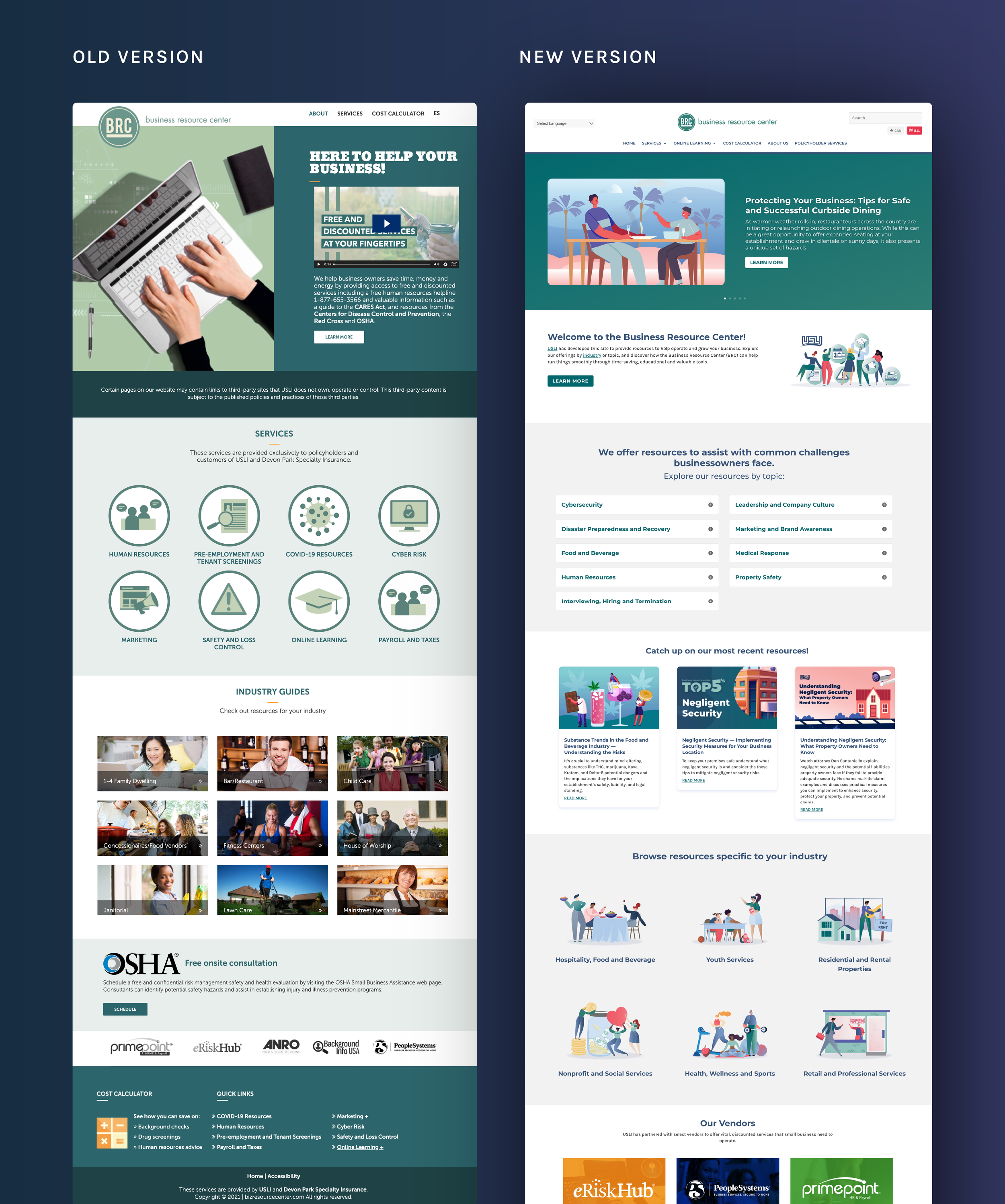 Side-by-side before-and-after comparison of old Business Resource Center website and redesigned version.
