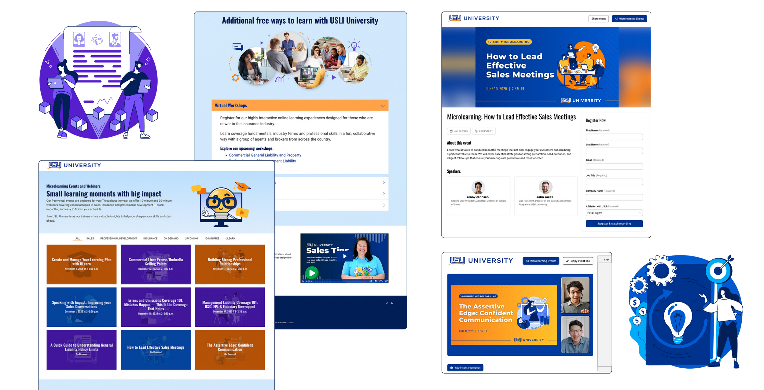 Collection of microlearning website screens, webinar interface, event listings, and webinar graphics.