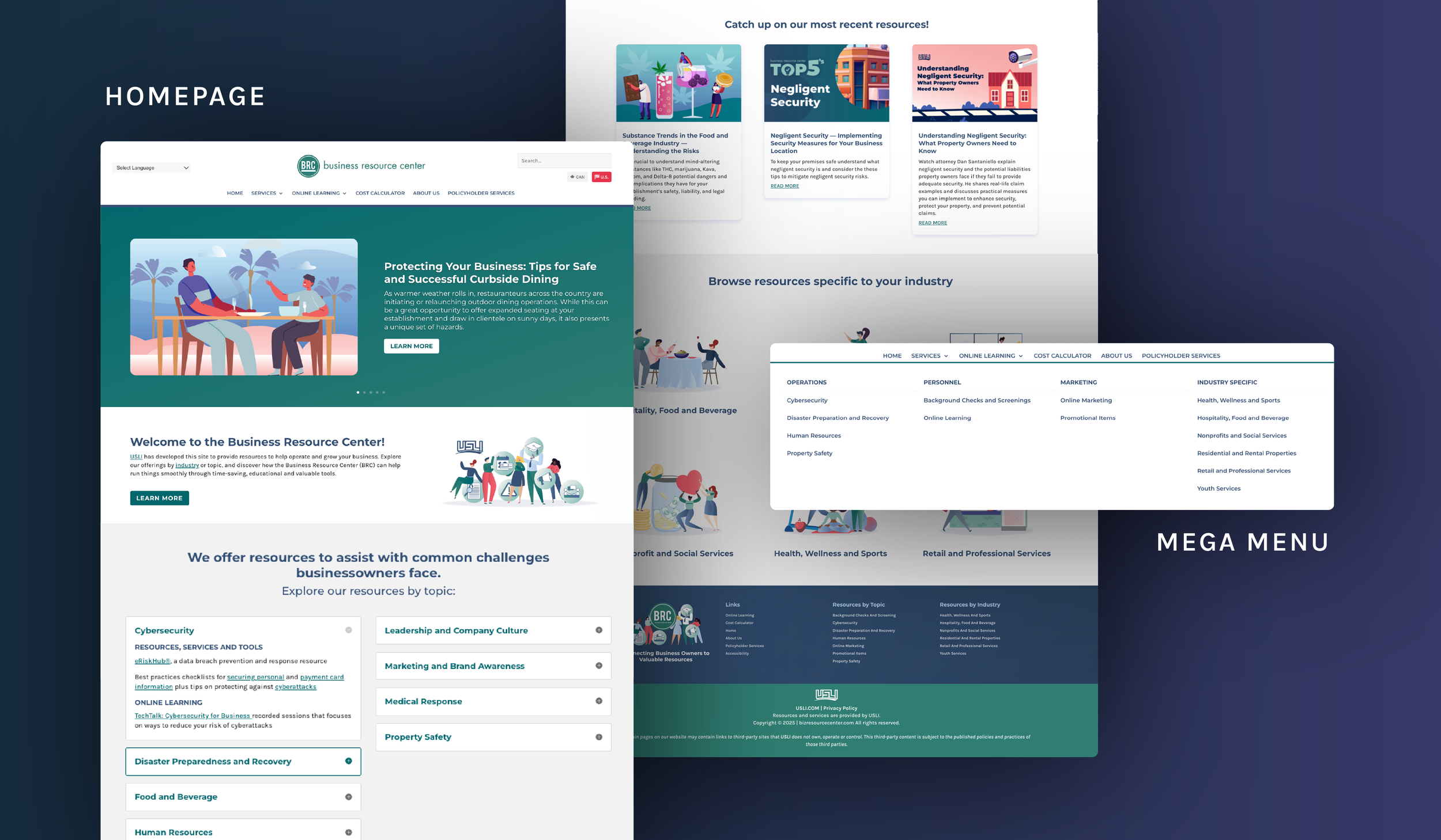 Business Resource Center homepage with resource categories, featured articles, and mega menu.